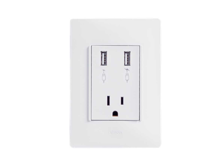 2600454060 - Placa con toma corriente 2P+T y 2 cargadores USB blanco